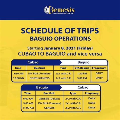 Genesis Transport Bus Schedule from Manila to Baguio.